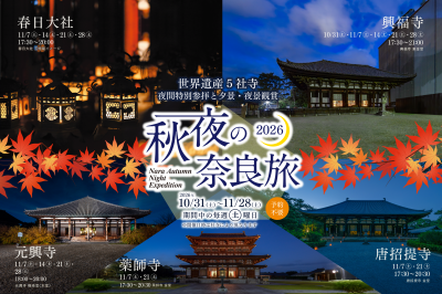 世界遺産5社寺で秋の夜間特別参拝と夕景・夜景観賞！秋夜の奈良旅2026