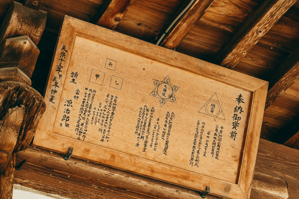 注目の算額は本堂の軒に掲げられています