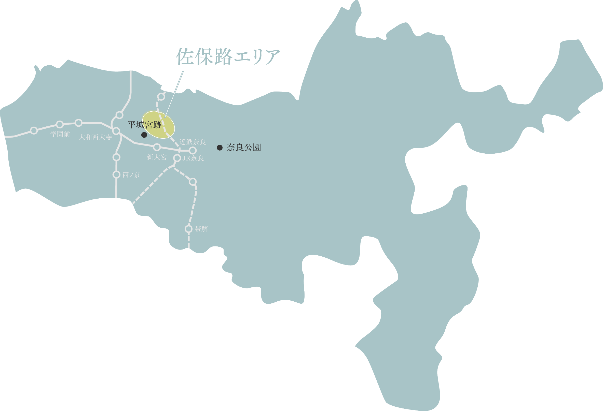 佐保路エリアの場所を示した奈良県の地図